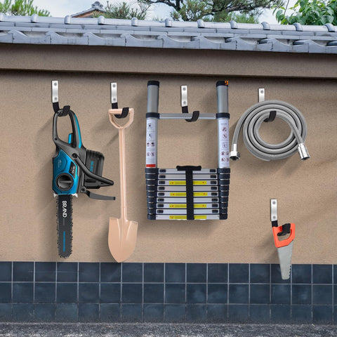 Beefy Steel Garage Hooks Set For Wall Mounts, Heavy Duty Utility Hooks For Garage Storage showing tools organized on hooks.