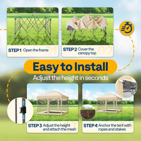 Steps to set up 10x10ft Pop Up Screen Tent With Mosquito Netting And Two Zipper Doors Roller Bag Outdoor Canopy