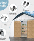 14 Ft Heavy Duty Box Rail Exterior Barn Door Hardware Kit For Two Doors Sliding Track System Outdoor Use With Anti Corrosion Finish, Doors Not Included, 450 Lb Capacity, Silver Weather Resistant For All Seasons, showing wall mount floor guide, stoppers, roller, and brackets
