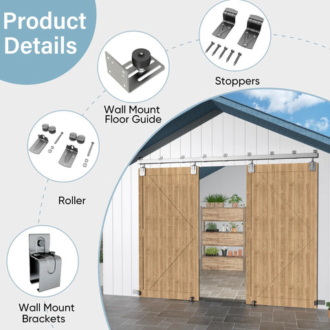 14 Ft Heavy Duty Box Rail Exterior Barn Door Hardware Kit For Two Doors Sliding Track System Outdoor Use With Anti Corrosion Finish, Doors Not Included, 450 Lb Capacity, Silver Weather Resistant For All Seasons, showing wall mount floor guide, stoppers, roller, and brackets