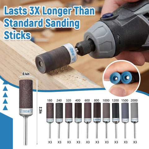 133 Pieces Polishing Kit For Rotary Tools With 180 To 2000 Grit Sanding Drums in use on wood, highlighting sanding drum sizes and grits