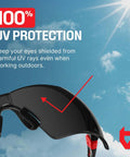 Green Tinted Wraparound Safety Glasses With Adjustable Arms And No Slip Grips, UV 400 Protection, ANSI Z87.1 Rated lens close-up.