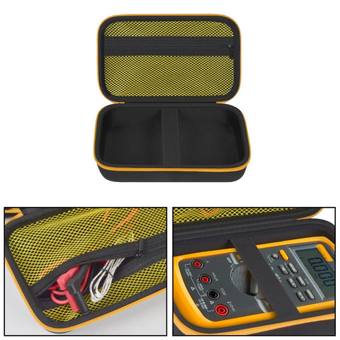 Open view of Hard Carrying Case For Digital Multimeters Like Fluke 87V 88V 15B Plus 17B Plus And More, showing mesh pocket and device