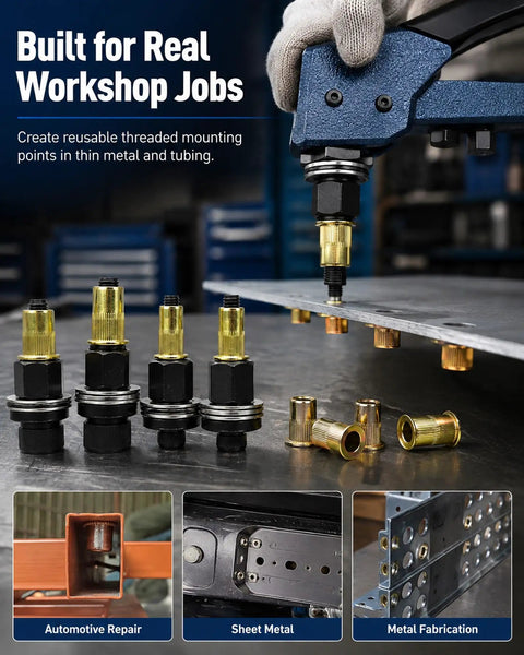 Carbon Steel Rivet Nut Tool Kit With M3 To M12 Mandrel Head And Rivnut Set For Thin Sheet Metal And Tubing, in use on sheet metal