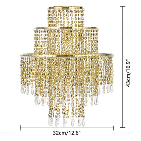 Acrylic Chandelier Shade With Crystal Beads And Gold Frame Dope Three-Tier Beaded Pendant Lampshade, 12.6 Inch Diameter