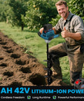 Man using Beast 1200W Cordless Earth Auger With Reverse Function, 6 Inch Diameter, 31.5 Inch Drill Bit for farming