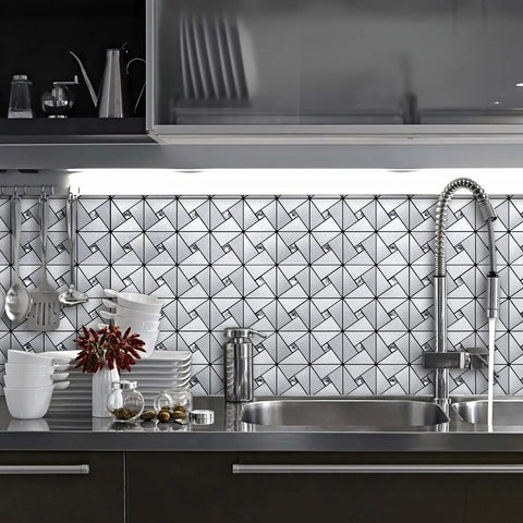 10-Sheet Peel And Stick Backsplash Tile Set For Kitchen Fireplace And Bathroom Windmill Glass In Brushed Silver Aluminum Composite 3D