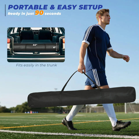 Person carrying portable 7 By 7 Ft Baseball And Softball Batting Net For Practice Hitting And Pitching with carry bag on field