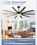 72 Inch Outdoor Ceiling Fan With Lights And Remote, Heavy Duty Black 10 Blades, 32W LED Light, 3 CCT in a living room setting