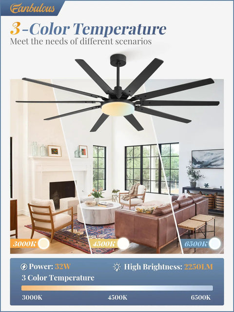 72 Inch Outdoor Ceiling Fan With Lights And Remote, Heavy Duty Black 10 Blades, 32W LED Light, 3 CCT in a living room setting