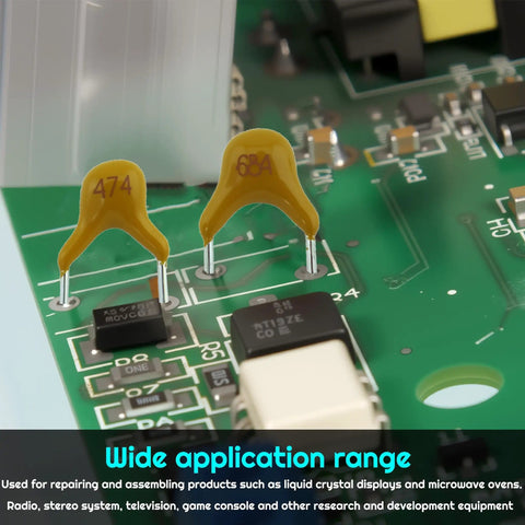 Monolithic Ceramic Capacitor Assortment Kit For Repairs And Prototyping, close-up of capacitors on a PCB board with code labels