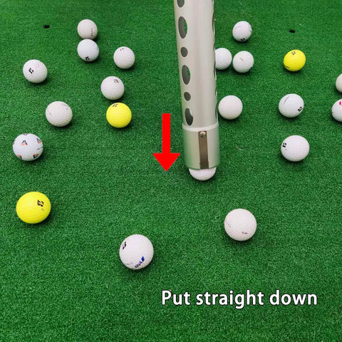 39 Inch Aluminum Golf Ball Picker Tool With Quick Tube Release on green, collecting golf balls