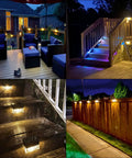 6 Pack Solar Deck Lights LED 10 Lumen Outdoor Lighting illuminating a patio, fence, garden, and yard in warm white color changing modes.