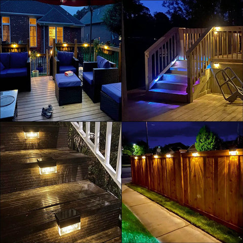 6 Pack Solar Deck Lights LED 10 Lumen Outdoor Lighting illuminating a patio, fence, garden, and yard in warm white color changing modes.