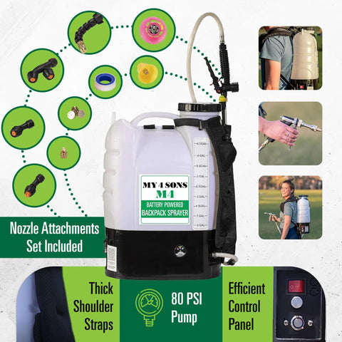 Image showing 4-Gallon Backpack Sprayer For Lawn And Garden, Battery Powered Electric Sprayer with attachments and long range spray features.