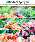 230 Foot Quick Connect Drip Irrigation Kit spraying flowers with adjustable nozzles and fast lock tubing in garden