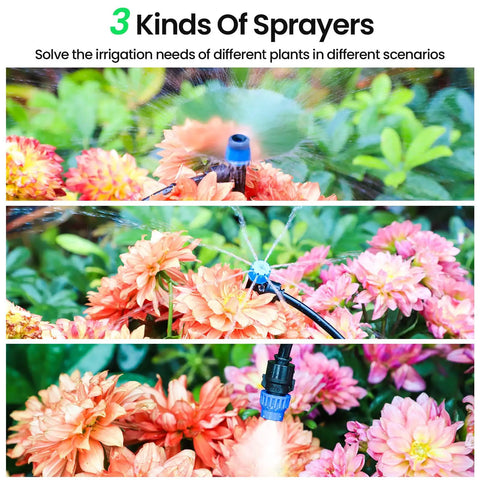 230 Foot Quick Connect Drip Irrigation Kit spraying flowers with adjustable nozzles and fast lock tubing in garden