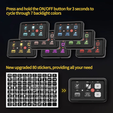 6 Gang RGB Backlit Rocker Switch Panel Kit with Control Box for 12V and 24V Vehicles, shown with 7 backlight colors and stickers.