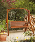 Built Tough Outdoor Wooden Porch Swing With Adjustable Chains 880 Lb Capacity 5 Ft Brown Garden Bench Seat on patio