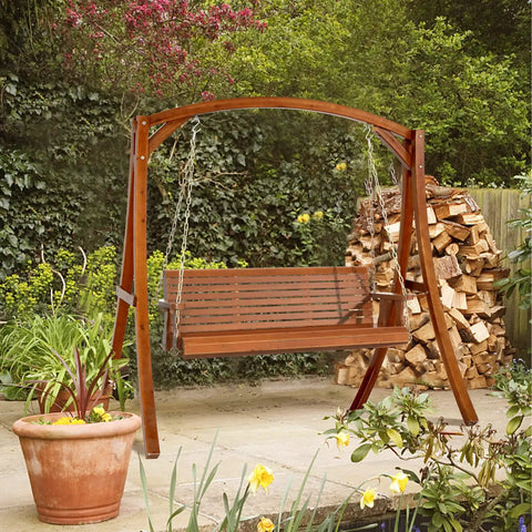 Built Tough Outdoor Wooden Porch Swing With Adjustable Chains 880 Lb Capacity 5 Ft Brown Garden Bench Seat on patio