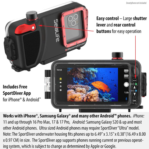 SportDiver Underwater Phone Housing for Depths Up To 130 Feet, shown with camera view and app compatibility details