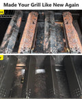 Before and after installation of Four Pack Porcelain Steel Flame Tamers Heat Plate Shields fits 720-0697 Nexgrill grates