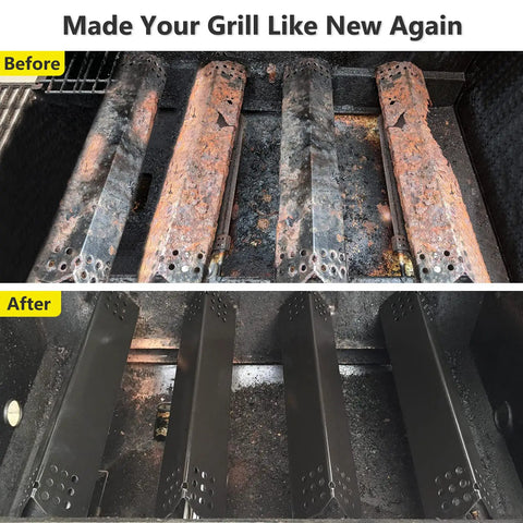 Before and after installation of Four Pack Porcelain Steel Flame Tamers Heat Plate Shields fits 720-0697 Nexgrill grates