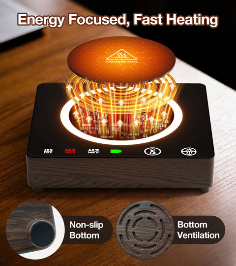 Cordless Mug Warmer With Built In Portable Charger Keeps Coffee Piping Hot On Desks Using Three Heat Settings Perfect For Office Routines And Road Trips, featuring a non-slip bottom and heat indicator.