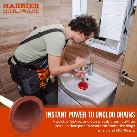 No Problem Small Sink Plunger With Four Inch Cup Straight Shooter Drain Tool For Bathroom Kitchen Clogs And RV Vanities Space Saving Hand Pump Cleans Tight Spaces Like A Charm in use in bathroom.