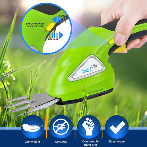 Quick Change Blade Cordless Garden Shears For Snipping Grass And Trimming Hedges Rechargeable Lightweight Handheld Clippers Electric Trimmer in use with safety switch.