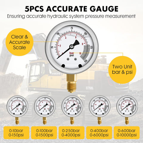 Beefed Up Heavy Duty Hydraulic Pressure Test Kit With Five Gauges, Twelve Test Couplings, Fourteen Tee Connectors, Five Test Hoses, And Sturdy Carrying Case For Excavators And Construction Machinery