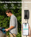 Man using Level 2 EV Charger For Tesla With 50 Amp 240V Fast Home Charging, Smart App Control And WiFi, showing phone interface