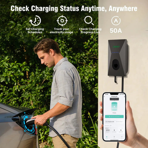 Man using Level 2 EV Charger For Tesla With 50 Amp 240V Fast Home Charging, Smart App Control And WiFi, showing phone interface