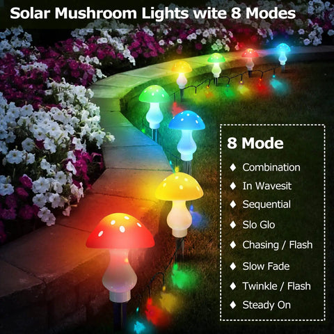 Dope Multicolor Solar Powered Mushroom Garden Lights With 50 LEDs along flower bed, 8 modes, waterproof, night view