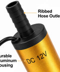 Close-up of No Fuss 12V Submersible Transfer Pump For Water Diesel Oil showing ribbed hose outlet and durable aluminum housing.