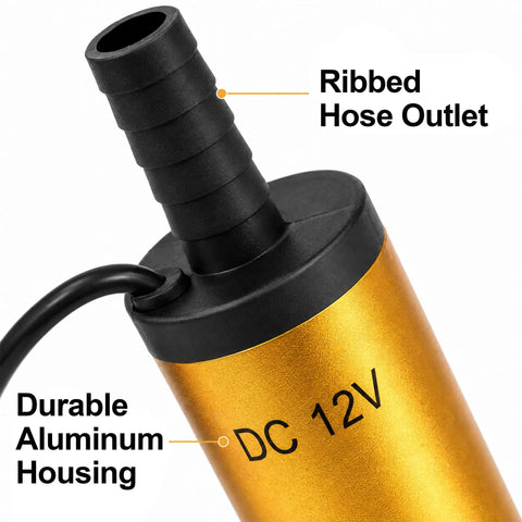 Close-up of No Fuss 12V Submersible Transfer Pump For Water Diesel Oil showing ribbed hose outlet and durable aluminum housing.