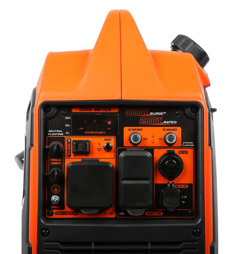Control panel of Portable Inverter Generator For RVs, 3600 Surge Watts And 2900 Rated Watts, Clean Power For Sensitive Electronics