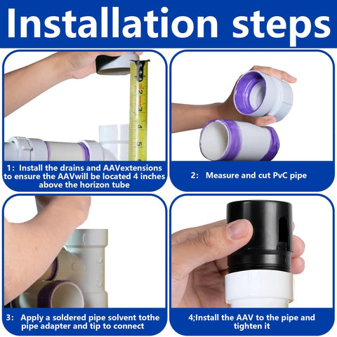 Installation steps for Two Pack In Line Air Admittance Valve 1-1/2 Inch NPT ABS Black Prevent Sewer Gas Odors for RVs Boats Homes