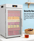 Heavy Duty Electric Food Dehydrator With 18 Spacious Stainless Steel Trays, showing assorted dried fruits, adjustable thermostat, large glass door.