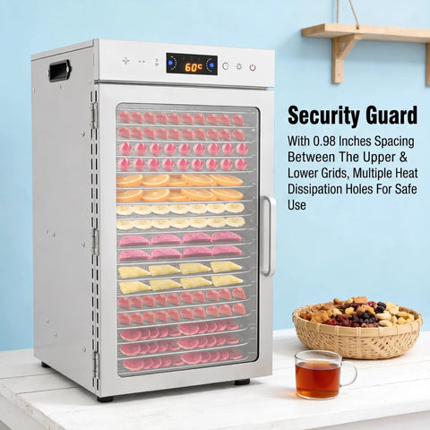 Heavy Duty Electric Food Dehydrator With 18 Spacious Stainless Steel Trays, showing assorted dried fruits, adjustable thermostat, large glass door.