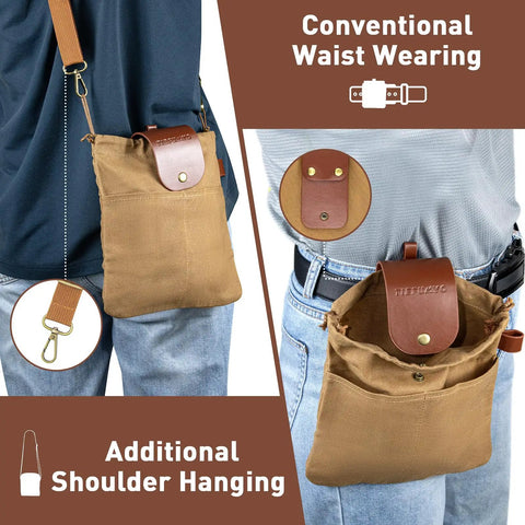 Foraging Bag For Outdoors Grab And Go Waxed Canvas Pouch Water Resistant Collapsible Brown Mushroom Forage Belt Tool Bag shown worn on waist and shoulder