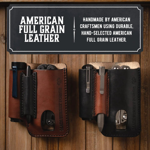 American Made Leather EDC Pouch for Men with Rugged Multitool Sheath and Holster Belt Clip Pocket Organizer displayed on wood panel