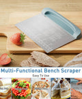 All In One Bench Scraper For Dough And Pastry, 2 In 1 Stainless Steel Dough Cutter with Blue Handle on Wooden Board with Bread