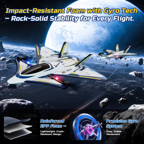 Rad 4 Channel Brushless RC Plane With LED Lights Ready To Fly Jet Hobby Aircraft in space scene, reinforced EPP foam, gyro tech.