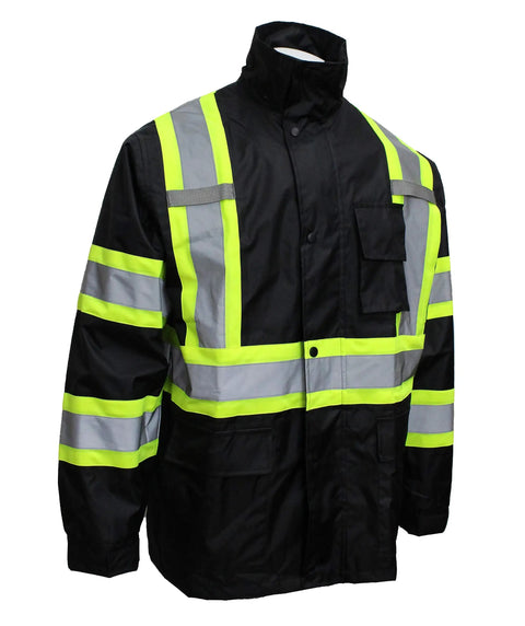 TBK66 Class 3 Rain Suit Jacket And Pants With Hi Vis Reflective X Pattern Worksite Ready 60gsm 100 Percent Polyester ANSI ISEA 107 2028 Certified Detachable Hood Chest Cell Phone Pocket Two Inch Reflective Straps Black Bottom
