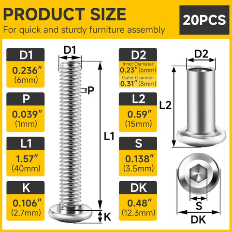 No Sweat M6 X 40 mm Countersunk Flat Head Screws And Barrel Nuts Pack With Hex Wrench For Cabinet And Crib Assembly Premium 304 Stainless Steel size chart.