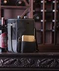 Ultimate Date Night Duo Grab And Go Wine Tote With Cheese Board Two Bottle Insulated Cooler Bag Set In Black with wine bottles.