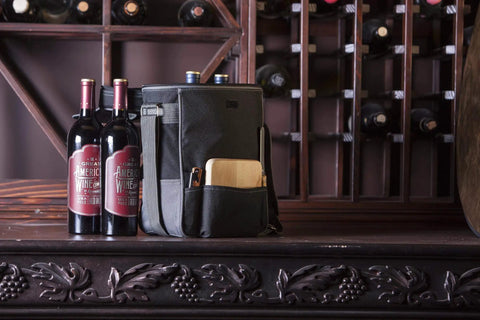 Ultimate Date Night Duo Grab And Go Wine Tote With Cheese Board Two Bottle Insulated Cooler Bag Set In Black with wine bottles.