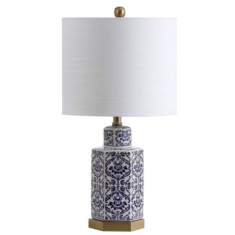 Blue And White Ginger Jar Ceramic LED Table Lamp With Hex Damask Pattern White Linen Shade Brass Accents Includes LED Bulb ETL Listed About 24 Inch Tall Modern Rustic Corner Accent Light