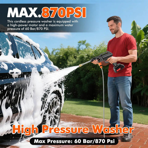 Man using Snag This Badass 21V Cordless Handheld Washer for quick car wash, featuring foam and spray settings.